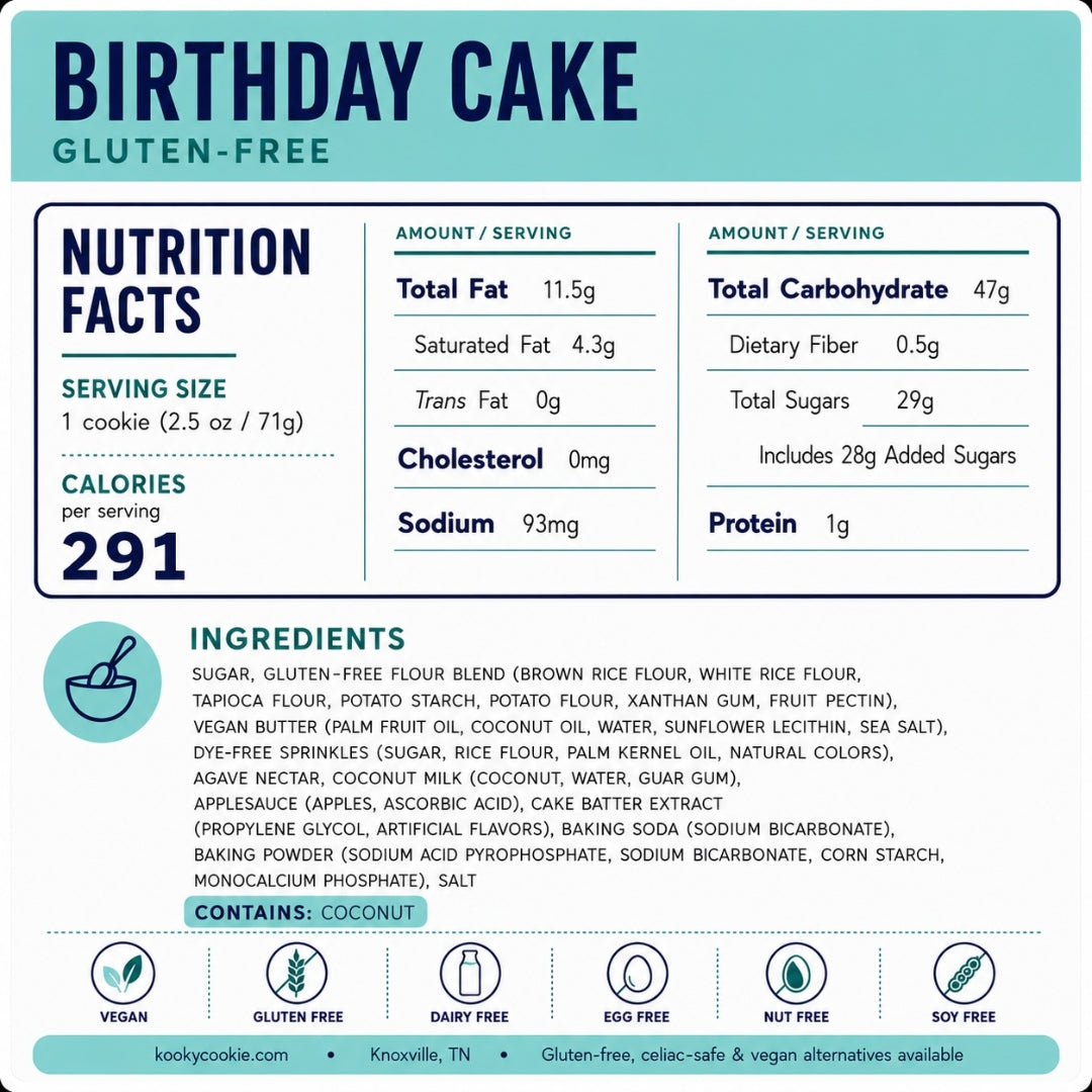 GF Birthday Cake Nutrition Label